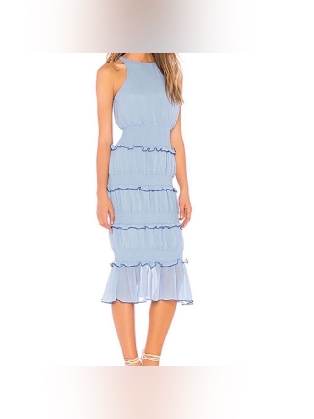Revolve - Sleeveless Light Blue Ruffle Midi Dress